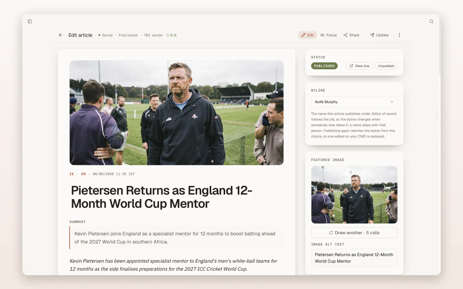 A published article in the Mastheads workspace, with its named byline and the featured image delivered with alt text